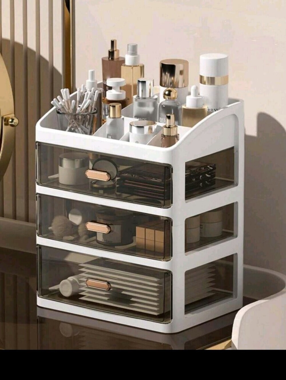 White Cosmetic Organizer with 3 Drawers and Top Compartments
